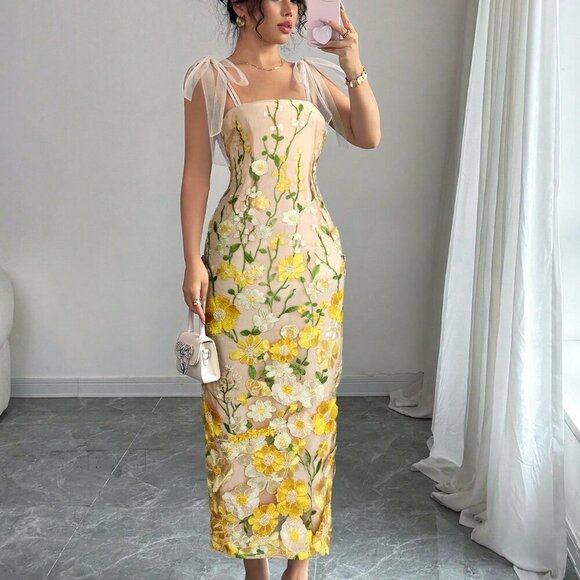 yellow Elegant Women's Mesh 3d Flower print Strap tie Maxi Dress - Picture 1 of 4